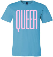 turquoise queer big pink letters unisex modern cut funny cute gay slang lgbtq gay queer trans transgender pride shirt tshirt