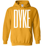 yellow gold cozy dyke big white lettering funny cute gay slang lgbtq gay queer lesbian pride hoodie sweatshirt