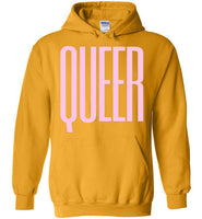 yellow gold queer big pink lettering funny cute gay slang lgbtq queer trans pride hoodie sweatshirt