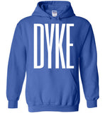 blue cozy dyke big white lettering funny cute gay slang lgbtq gay queer lesbian pride hoodie sweatshirt