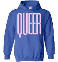 blue queer big pink lettering funny cute gay slang lgbtq queer trans pride hoodie sweatshirt