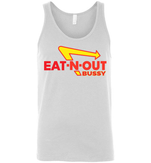 white eat-n-out bussy in-n-out burger unisex modern cut funny cute gay slang lgbtq gay queer trans transgender pride tank top shirt